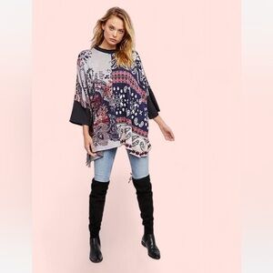 Free People Paisley Boho Oversized Fringe Tunic Blouse Sweater Womens Size XS/S